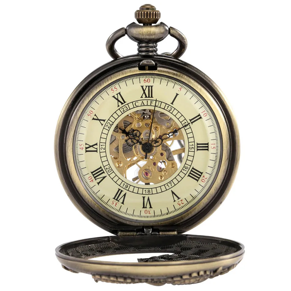 Bronze Hollow Dragon Half Hunter Mechanical Pocket Watch - Image 4