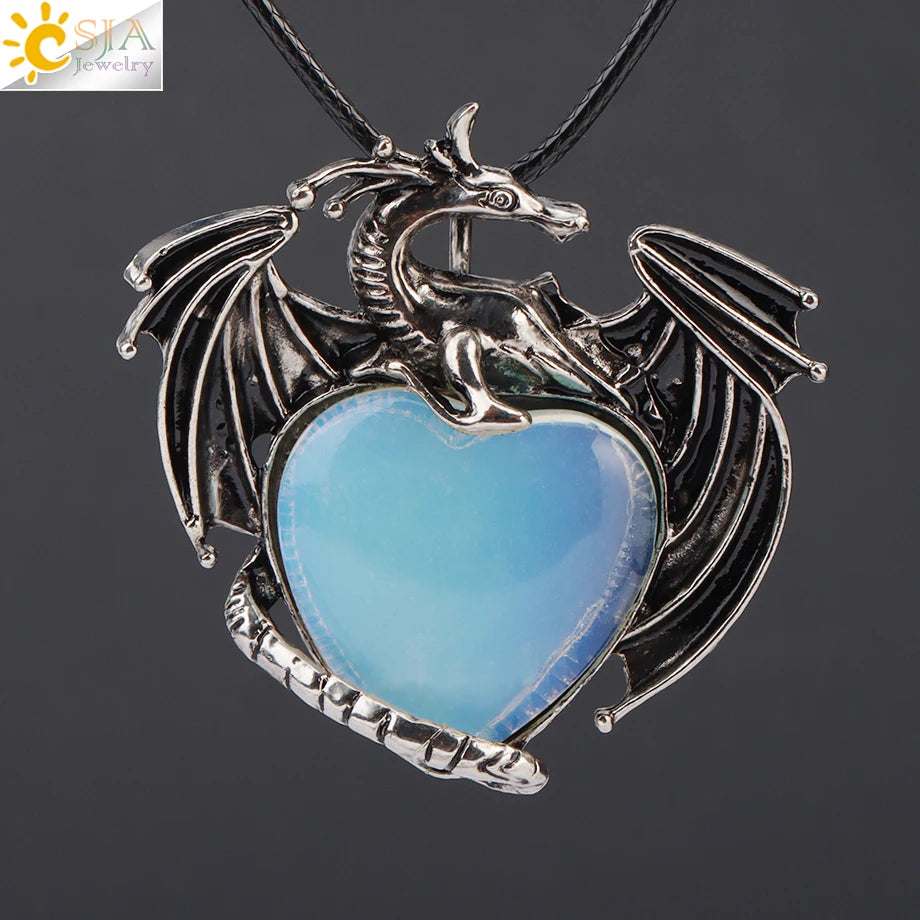 CSJA Double Dragon Necklace – Natural Stone Heart Crystal Pendant Amulet for Men & Women | Halloween Jewelry Gift H238 - Image 15