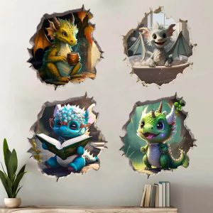 Dragon Parent and Child Reading Wall Hole Decal – Mouse Hole Wall Sticker for Bedroom, Entryway & Living Room Decoration