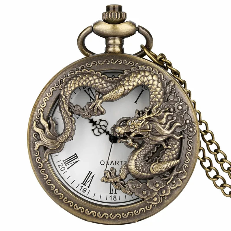 Classic Vintage Pocket Watch – Hollow Carved Chinese Dragon with Roman Numerals Dial Necklace Gift - Image 9