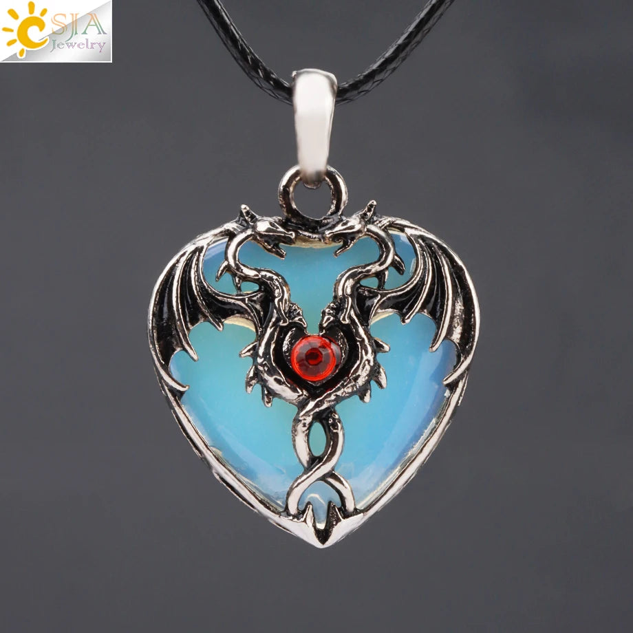 CSJA Double Dragon Necklace – Natural Stone Heart Crystal Pendant Amulet for Men & Women | Halloween Jewelry Gift H238 - Image 7