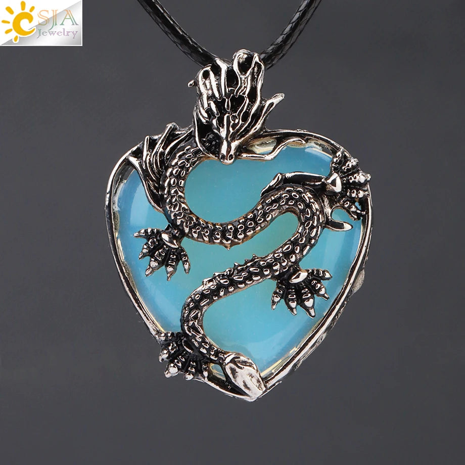 CSJA Double Dragon Necklace – Natural Stone Heart Crystal Pendant Amulet for Men & Women | Halloween Jewelry Gift H238 - Image 40