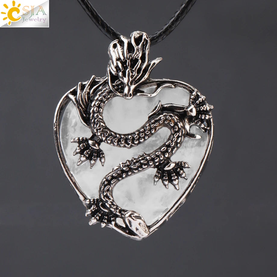 CSJA Double Dragon Necklace – Natural Stone Heart Crystal Pendant Amulet for Men & Women | Halloween Jewelry Gift H238 - Image 42