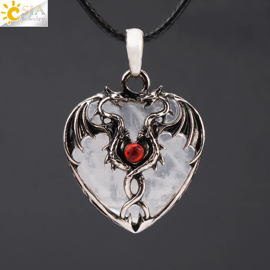 CSJA Double Dragon Necklace – Natural Stone Heart Crystal Pendant Amulet for Men & Women | Halloween Jewelry Gift H238 - Image 11