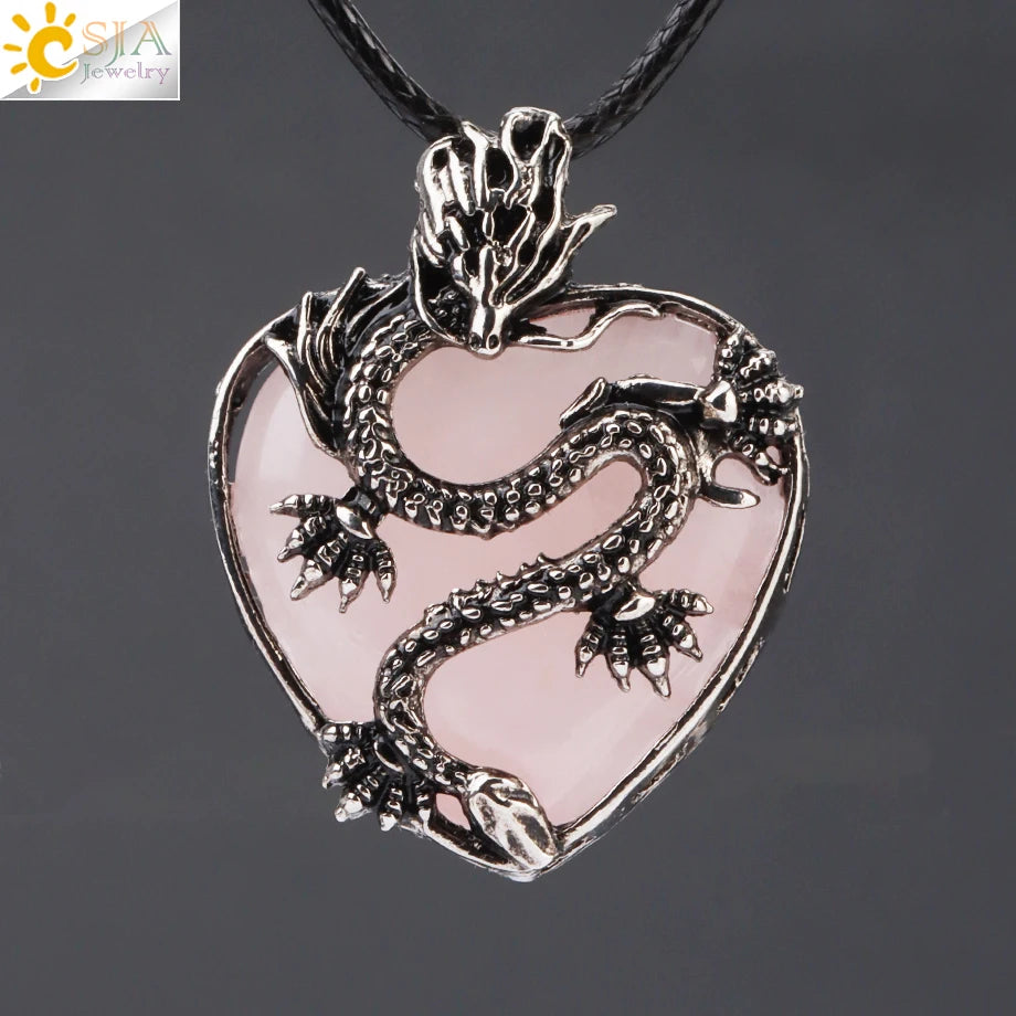 CSJA Double Dragon Necklace – Natural Stone Heart Crystal Pendant Amulet for Men & Women | Halloween Jewelry Gift H238 - Image 39