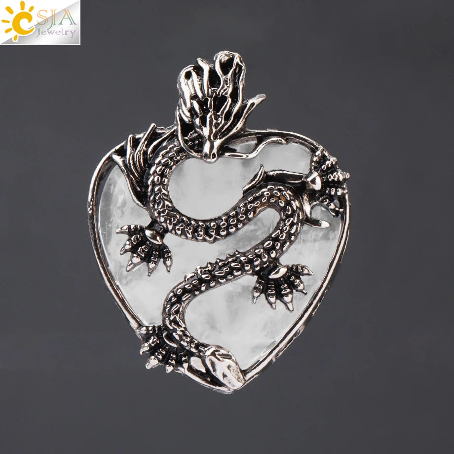 CSJA Double Dragon Necklace – Natural Stone Heart Crystal Pendant Amulet for Men & Women | Halloween Jewelry Gift H238 - Image 45