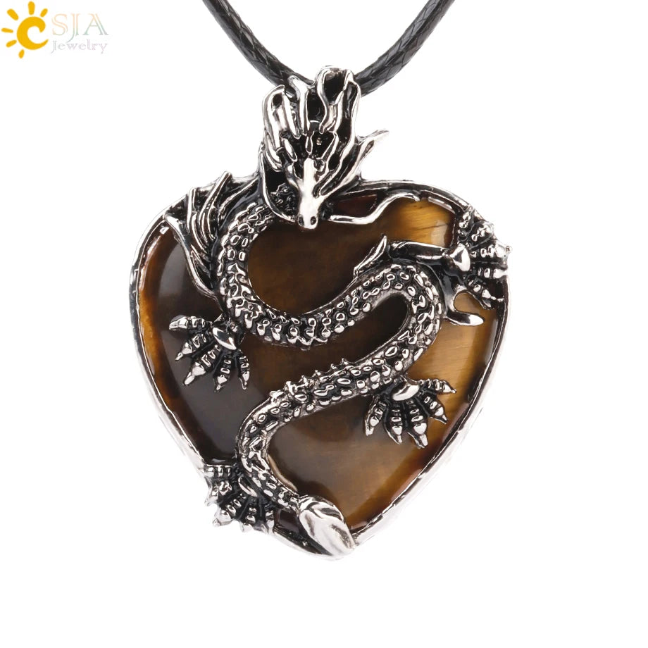 CSJA Double Dragon Necklace – Natural Stone Heart Crystal Pendant Amulet for Men & Women | Halloween Jewelry Gift H238 - Image 17