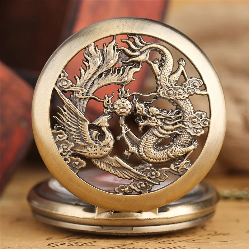 Antique Double Dragons Playing with Beads Pattern Quartz Pocket Watch – Vintage Necklace Chain Gift for Men, Women & Kids - Image 2