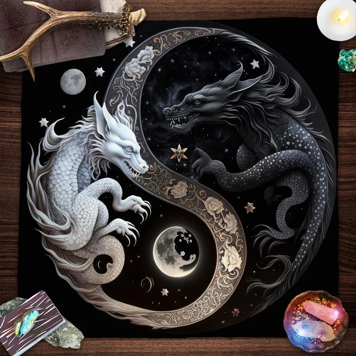 Chinese Dragon Tarot Card Tablecloth Tapestry – Black Moon & Starry Sky Dragons Wicca Altar Cloth - Image 2