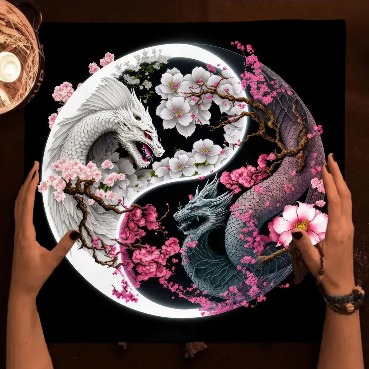 Chinese Dragon Tarot Card Tablecloth Tapestry – Black Moon & Starry Sky Dragons Wicca Altar Cloth - Image 6