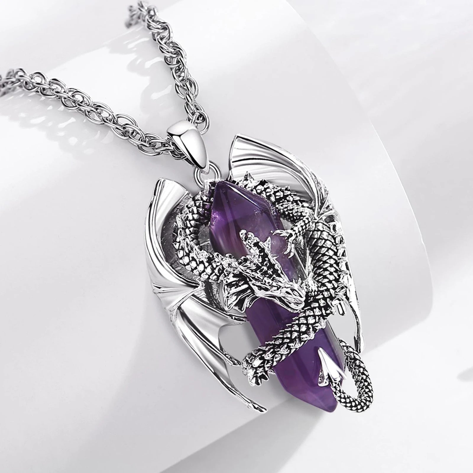Eudora Dragon Twining Hexagonal Amethyst Necklace – Punk Healing Stone Pendant Jewelry Gift for Men - Image 3
